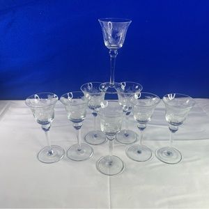 Vintage Etched Set (8) Elegant Glass Crystal Cordial Glasses, 5.5” tall